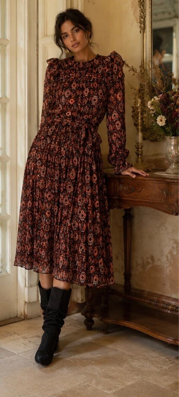 Ulla Johnson Zehra Ikat Print Belted Ruffle Midi Dress 00
